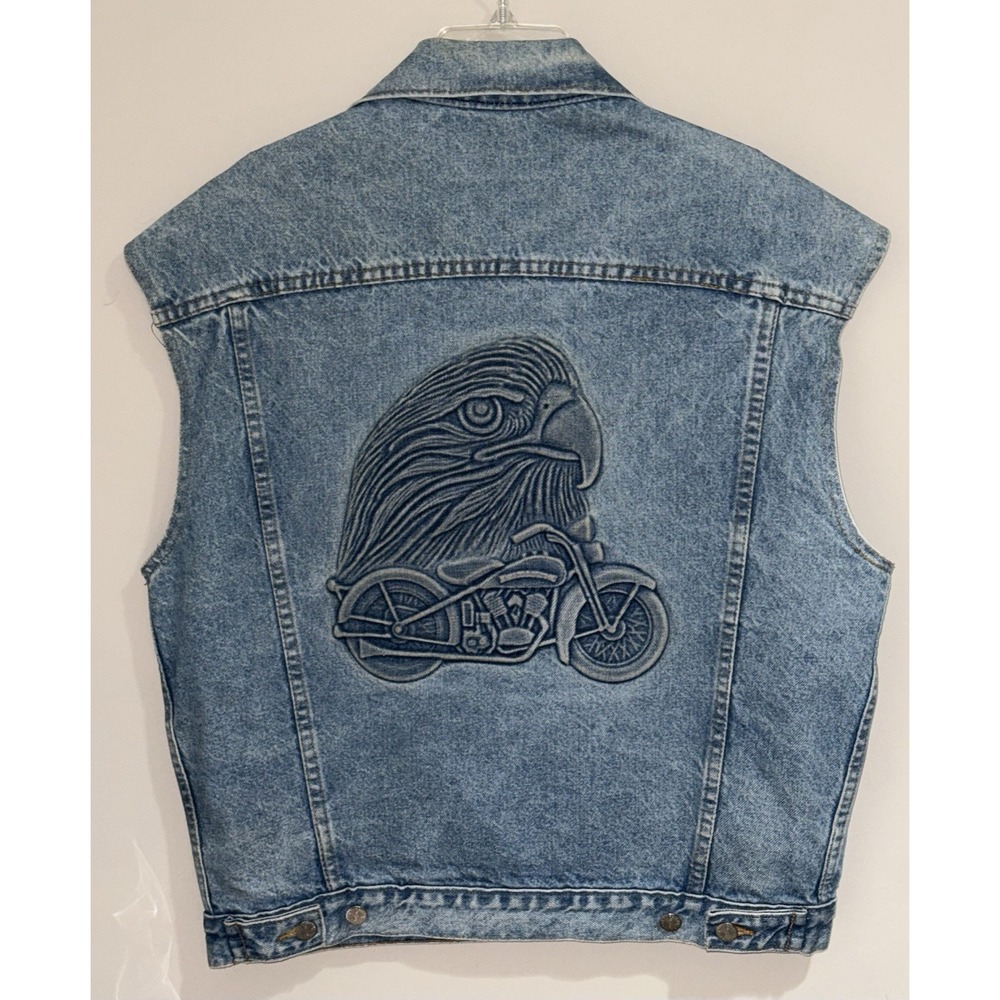 Vintage Harley Owners Group HOG Denim Vest 3D Eagle Back Motorcycle USA Medium